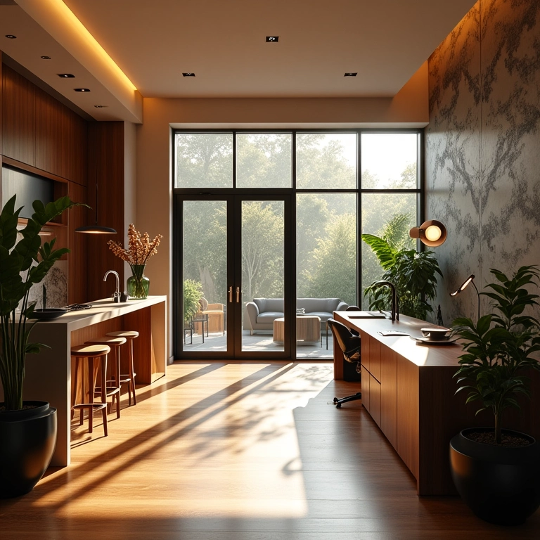 Iluminação estratégica destacando fotos de imóveis em imobiliária.