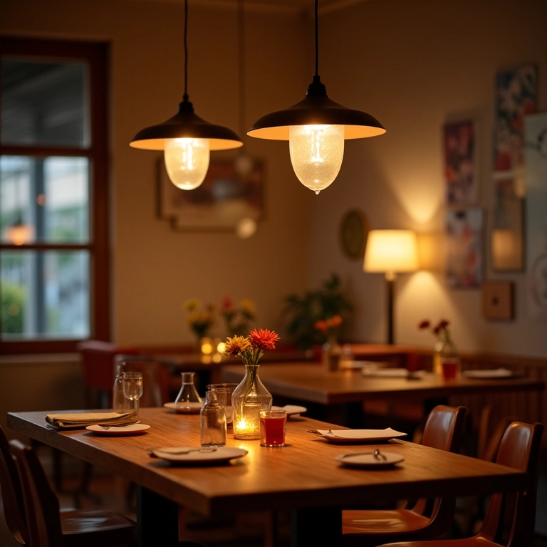 Iluminação estratégica em sala de jantar pequena, criando clima perfeito.