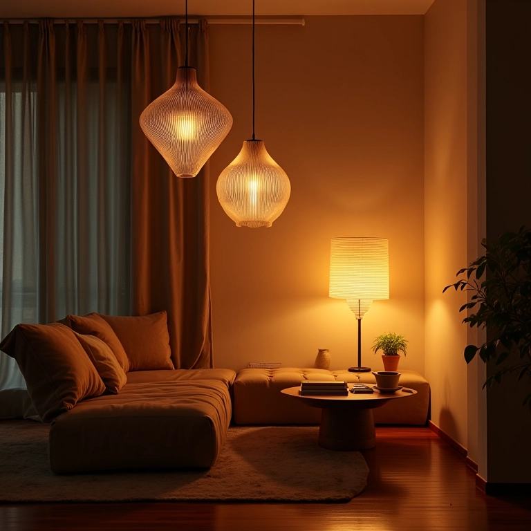 Iluminação estratégica em sala e varanda integradas, aconchego.