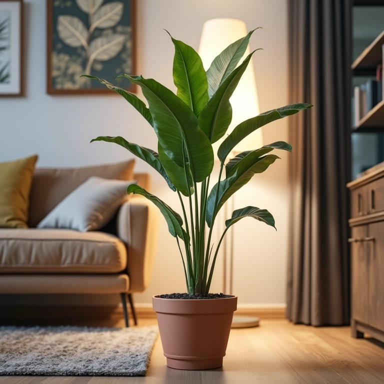 Iluminação estratégica realçando a beleza de uma planta na sala.