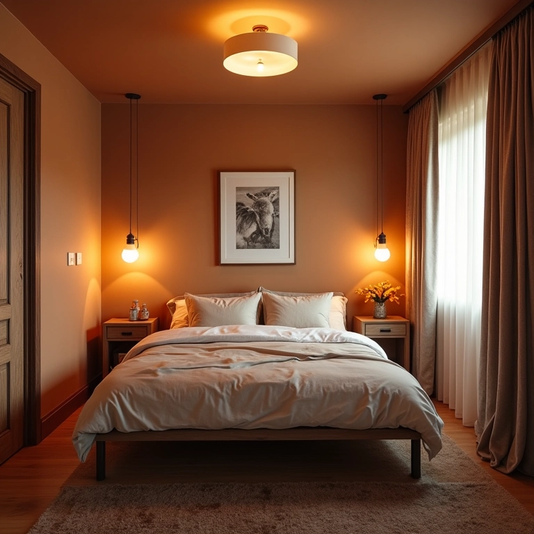 Iluminação geral aconchegante em quarto de solteiro.