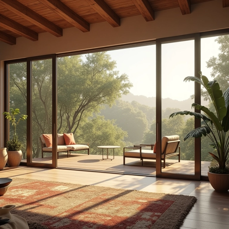 Iluminação natural abundante em rancho: grandes janelas iluminam sala de estar com design brasileiro.