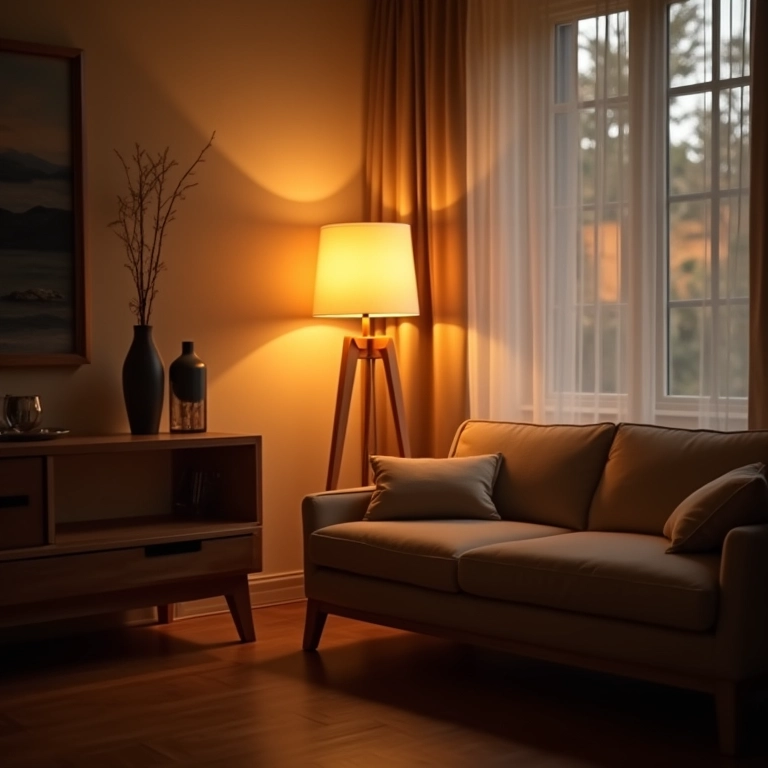 Iluminação natural e artificial em uma sala de TV aconchegante.