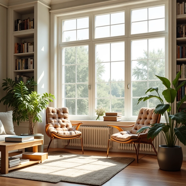 Iluminação natural em uma biblioteca particular bem iluminada.