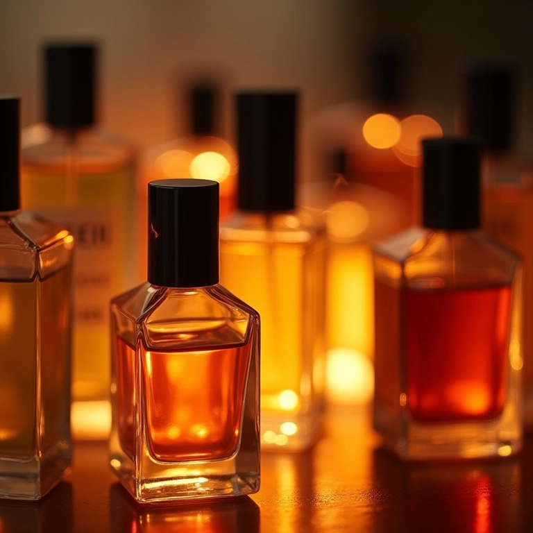 Iluminação suave destacando coleção de perfumes.
