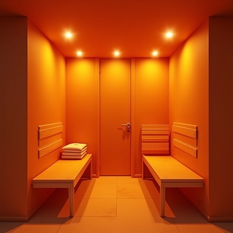 Iluminação suave e indireta em sauna para relaxamento profundo.