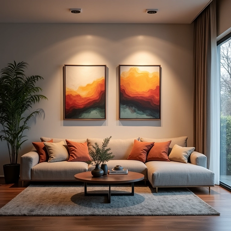 Iluminação valorizando quadros na sala de estar.