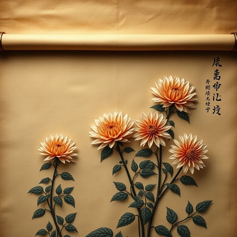 Ilustração antiga de crisântemos em pergaminho.