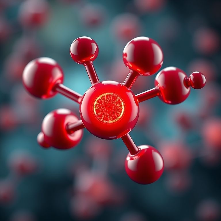 Ilustração da estrutura da hemoglobina com destaque para o átomo de ferro.