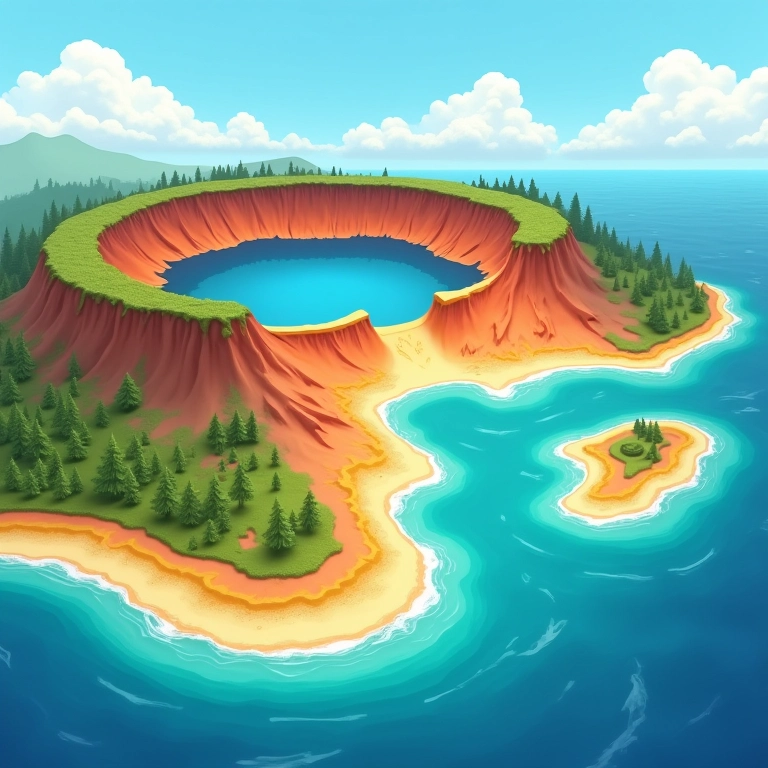 Ilustração da formação de um lago em cratera vulcânica e de uma lagoa por restingas costeiras.