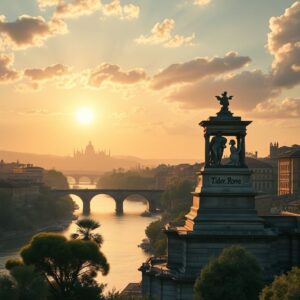 Ilustração da fundação de Roma com o rio Tibre, as sete colinas e estátua de Rômulo e Remo.