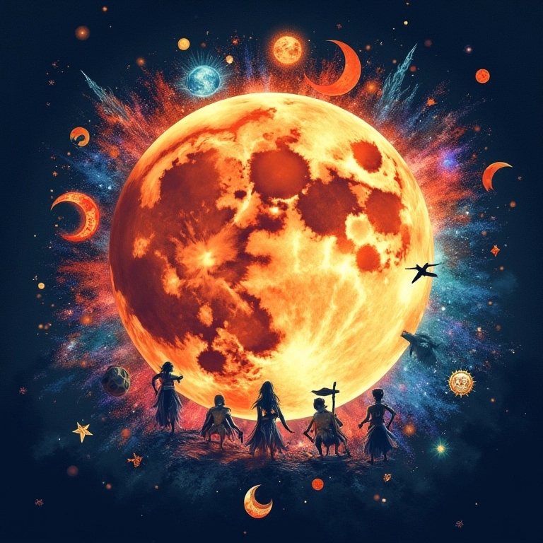 Ilustração de um eclipse lunar com símbolos culturais e mitológicos.