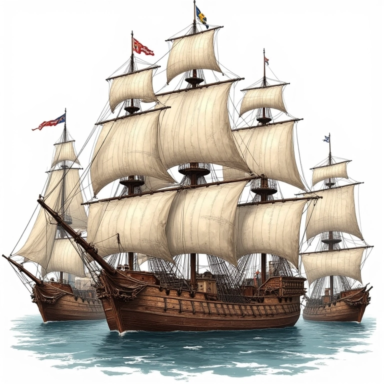 Ilustração detalhada dos cinco navios da expedição de Fernão de Magalhães.