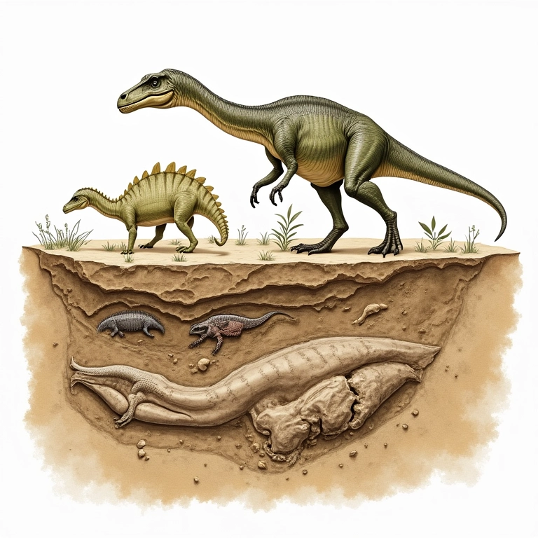 Ilustração do processo de formação de fósseis, desde a morte do dinossauro até a fossilização.