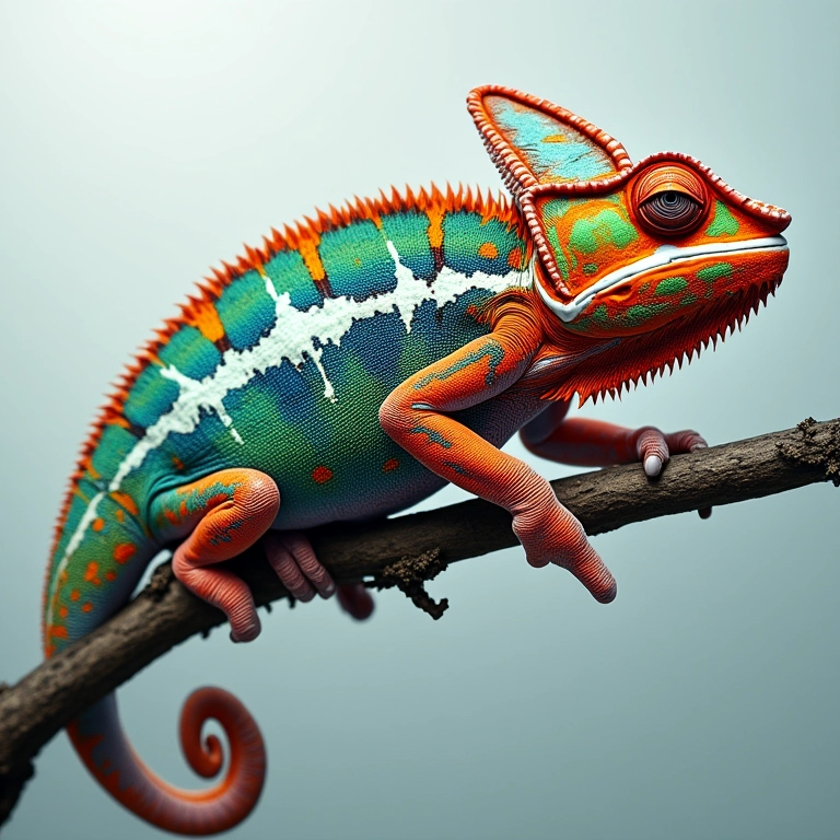 Ilustração do sistema nervoso do camaleão controlando a mudança de cor.