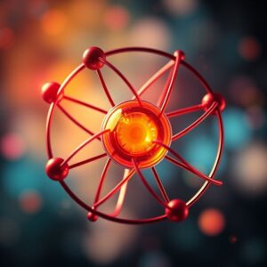 Ilustração vibrante da estrutura de um átomo com núcleo e elétrons orbitando.