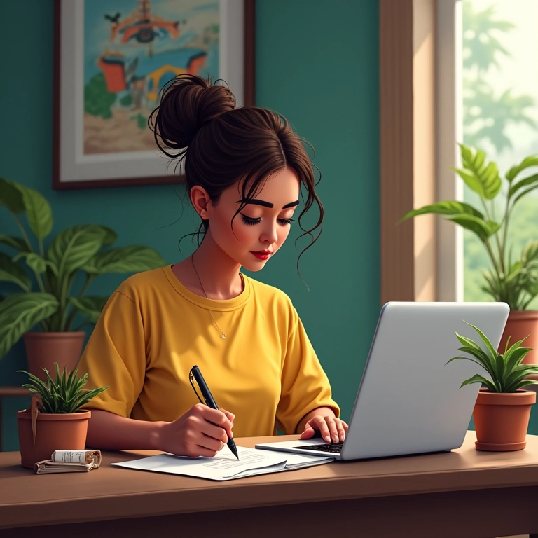 Ilustrador criando arte digital e emitindo nota fiscal em um laptop, com decoração brasileira.