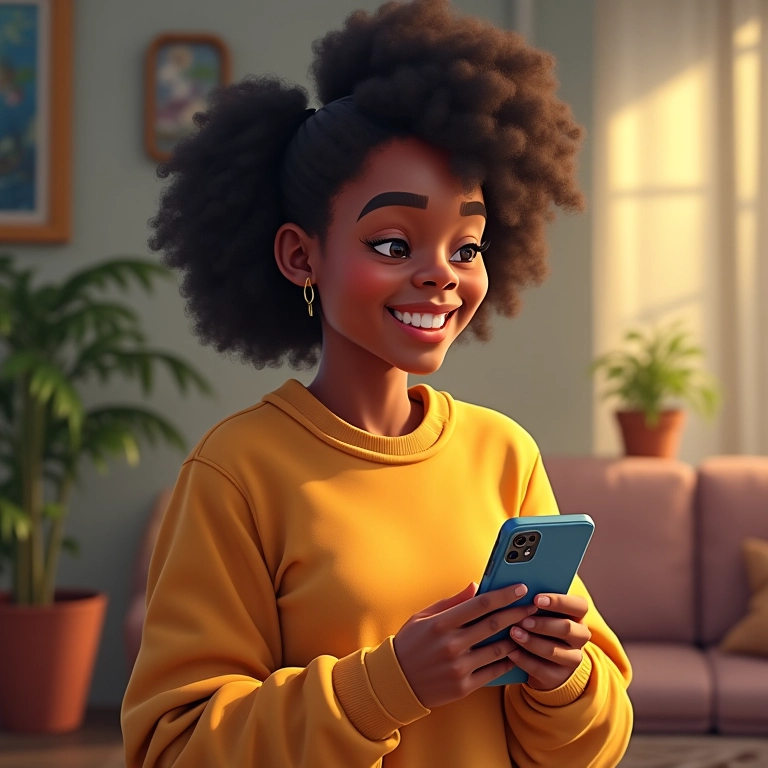 Ilustrador sorrindo ao receber notificação de benefícios previdenciários em casa.