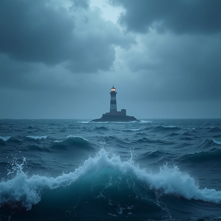 Imagem de um mar tempestuoso com um farol ao fundo.