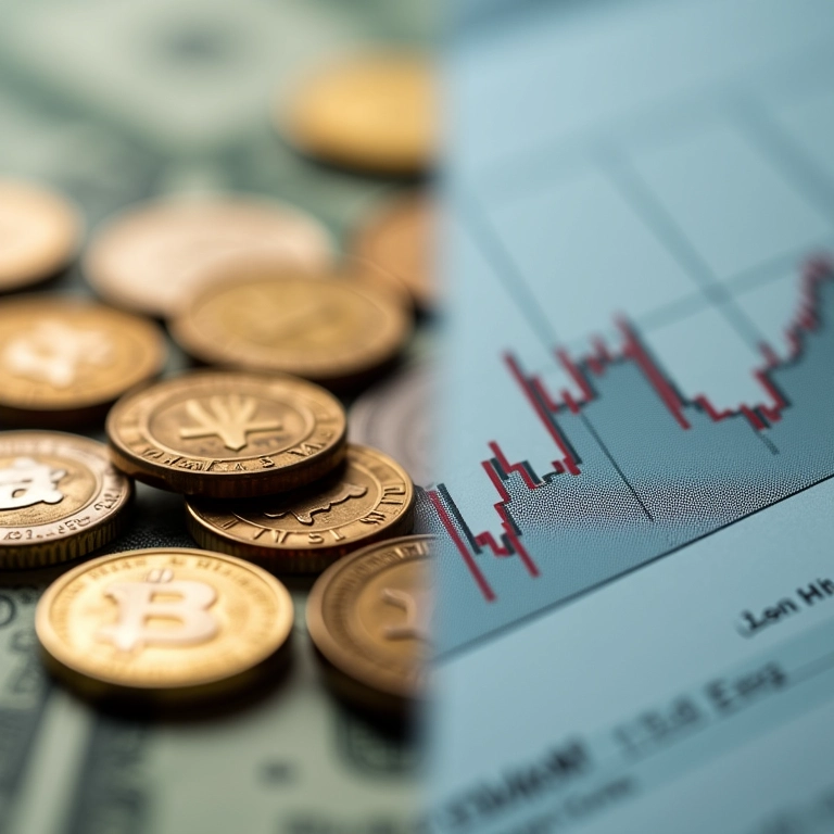 Imagem dividida: moedas e gráfico de taxa de juros decrescente. Amortização vs Juros.