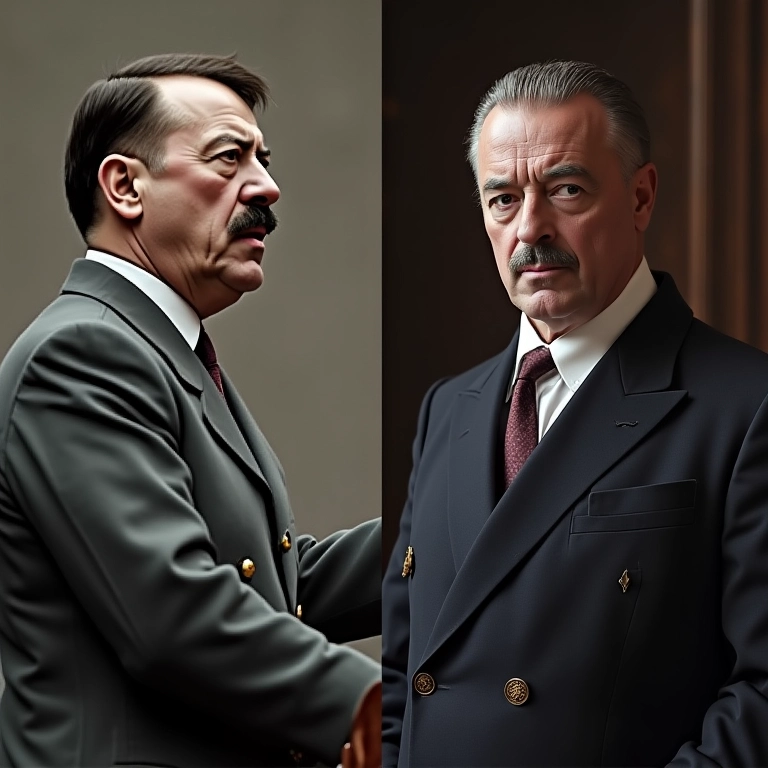 Imagem dividida mostrando Hitler e Mussolini em poses similares, comparando fascismo e nazismo.