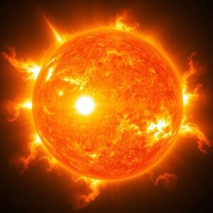 Imagem hiper-realista da coroa solar e explosões solares.