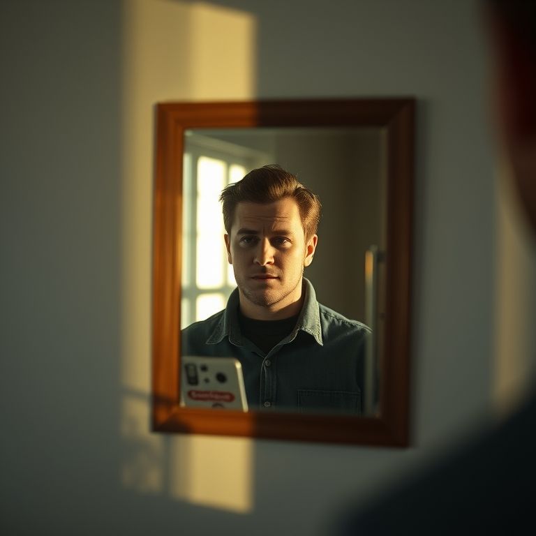 Imagem no espelho mudando com o ângulo da luz.