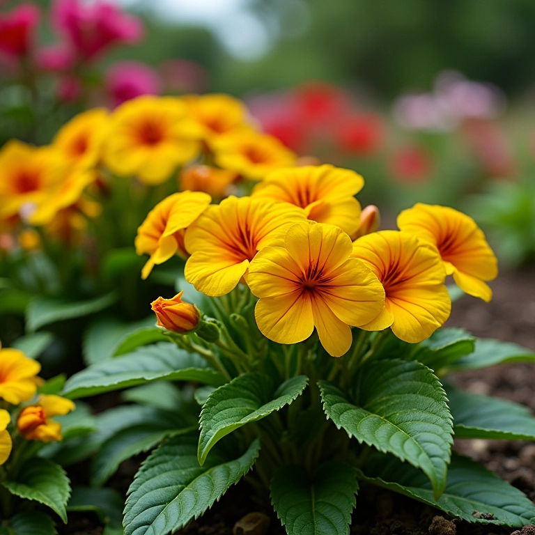 Impatiens em canteiro de jardim, com cores e texturas misturadas.