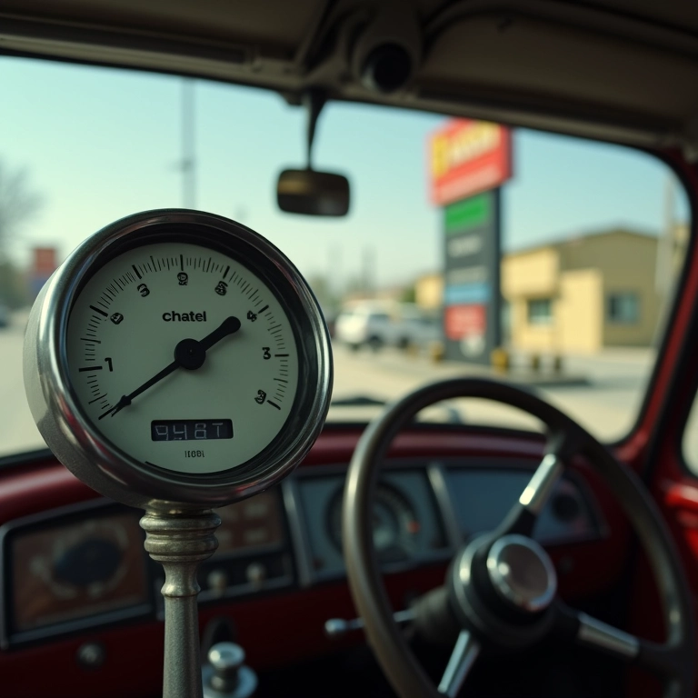 Indicador de combustível mostrando tanque vazio em posto de gasolina.