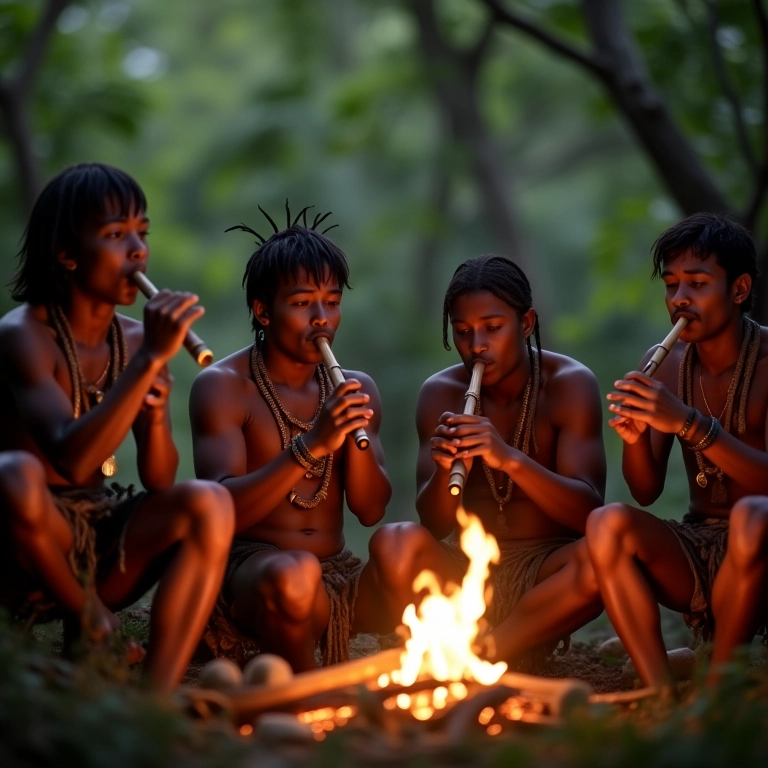 Indígenas tocando flautas ancestrais.