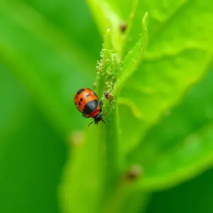 Infestação de tripes visível em folhas de planta verde.