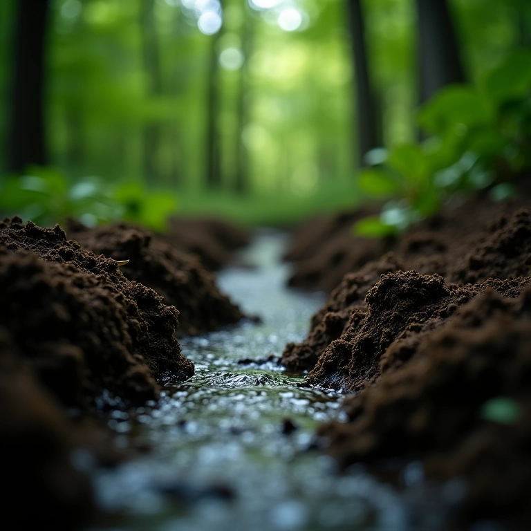 Infiltração da água no solo em uma floresta, mostrando a água se escondendo no subsolo.