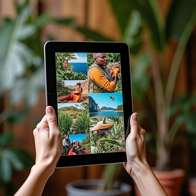 Influenciador diversificando formatos de conteúdo em tablet.