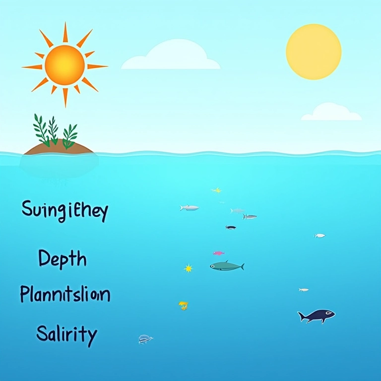 Infográfico explicando os fatores que influenciam a cor do mar: luz solar, profundidade, plâncton, salinidade.