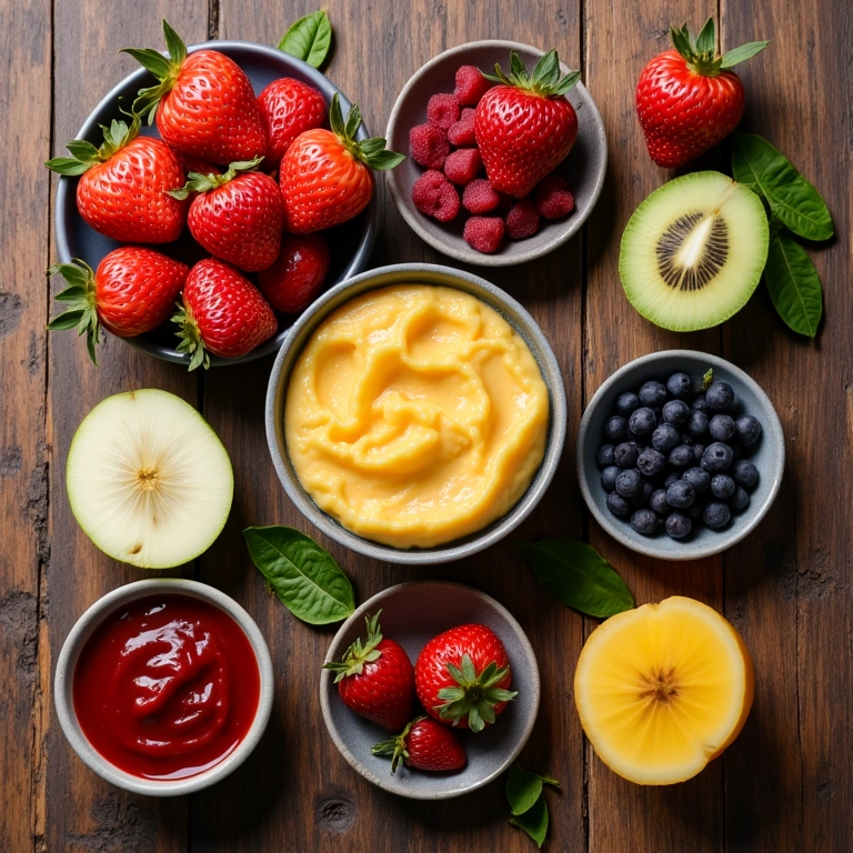 Ingredientes e toppings para mousses de frutas perfeitas.