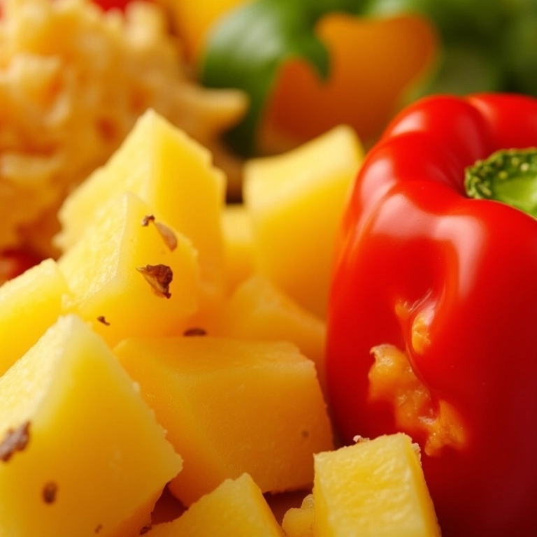 Ingredientes frescos para molho agridoce caseiro: abacaxi, pimentão, gengibre, vinagre de arroz.