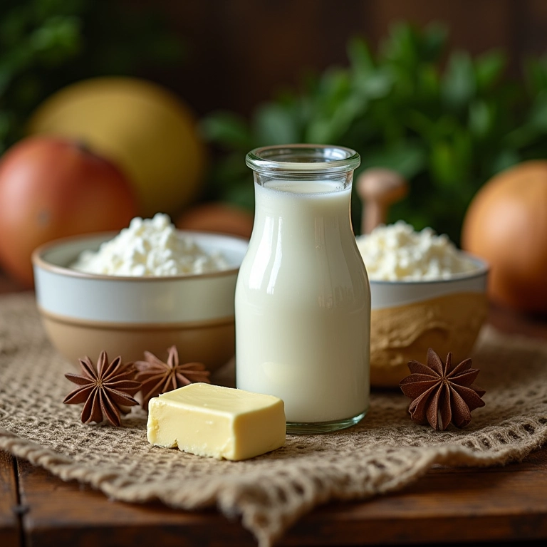Ingredientes frescos para molho branco: leite, amido de milho, noz-moscada e manteiga.
