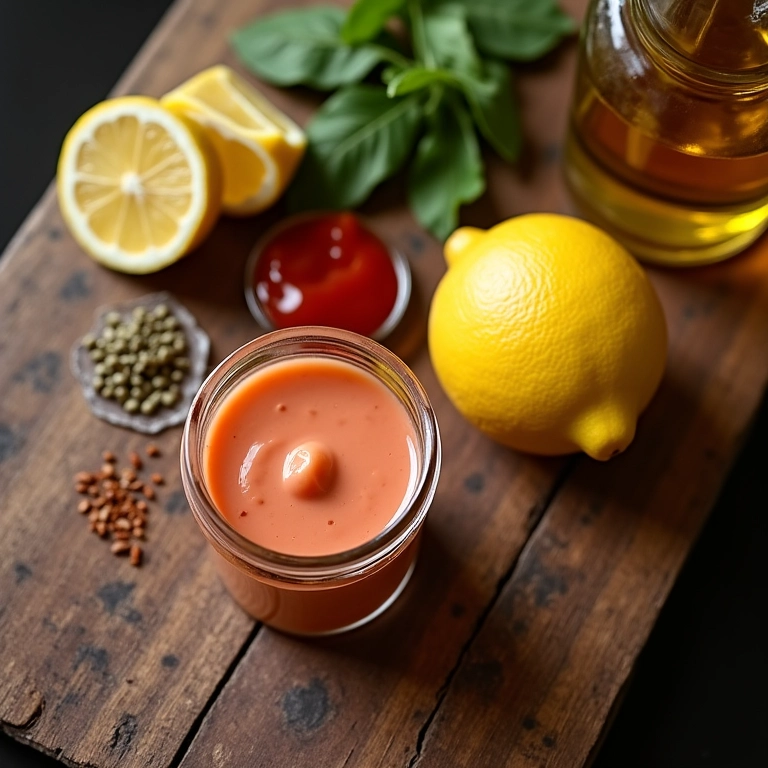Ingredientes frescos para molho rosê caseiro: maionese, ketchup e temperos.