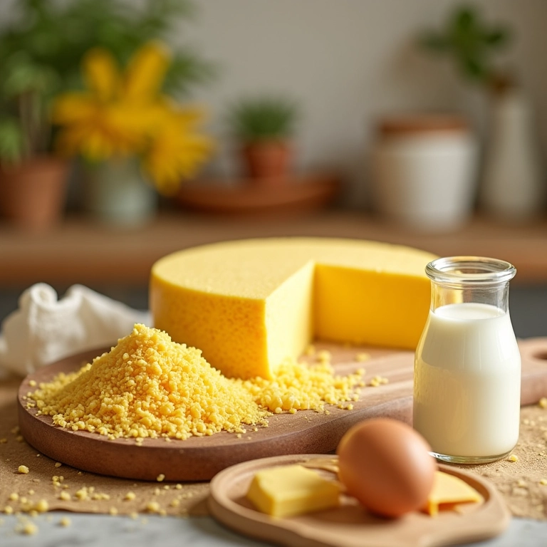 Ingredientes frescos para um bolo de fubá cremoso com queijo saboroso.