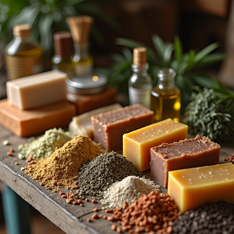 Ingredientes naturais para saboaria expostos em mercado rústico.