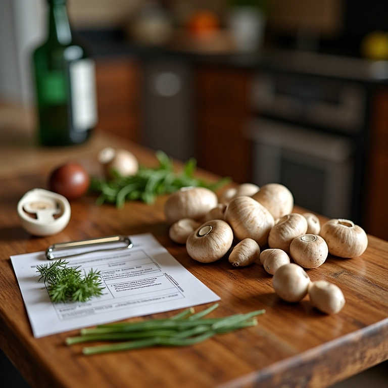 Ingredientes para cogumelos salteados em mesa de madeira.