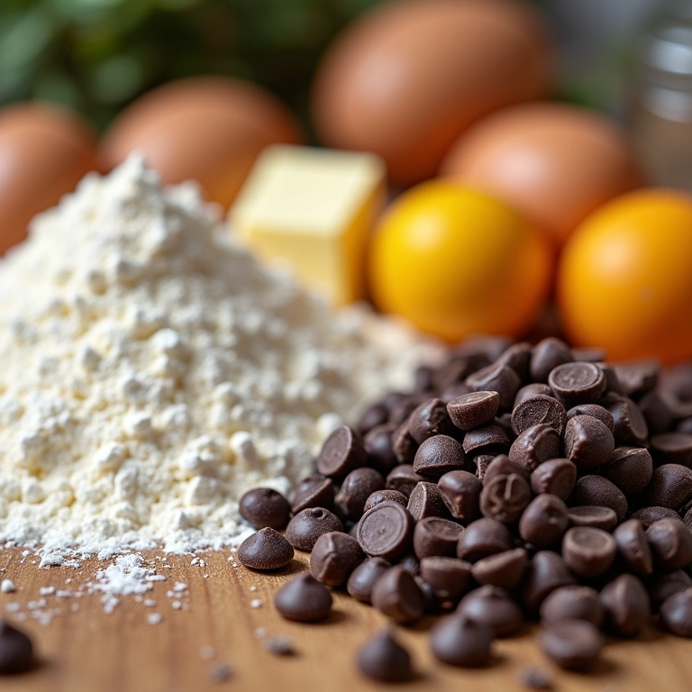 Ingredientes para cookies de chocolate dispostos em uma bancada.