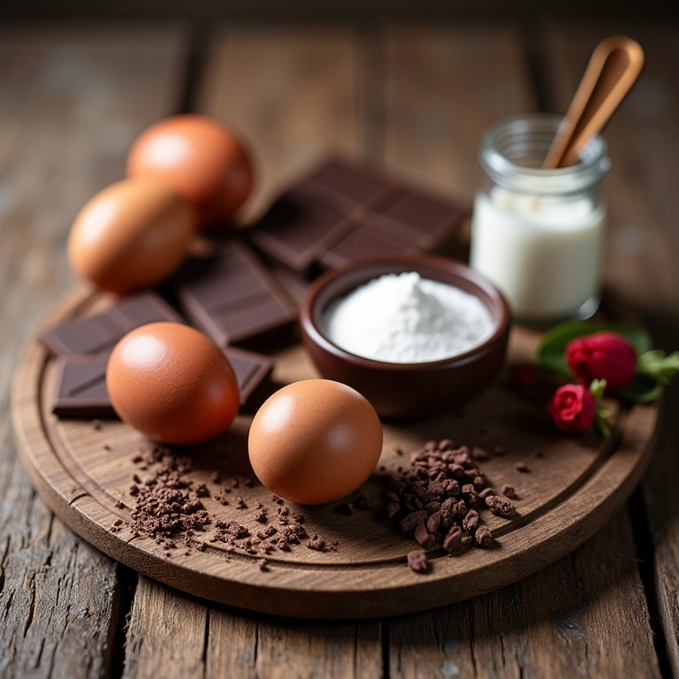 Ingredientes para mousse de chocolate dispostos em mesa de madeira.