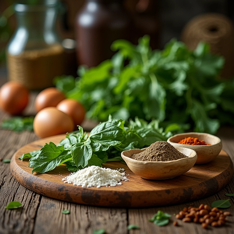 Ingredientes para preparar peixinho da horta frito: folhas, farinha, ovos e temperos.