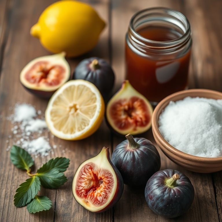 Ingredientes para uma receita prática e rápida de geleia de figo caseira.