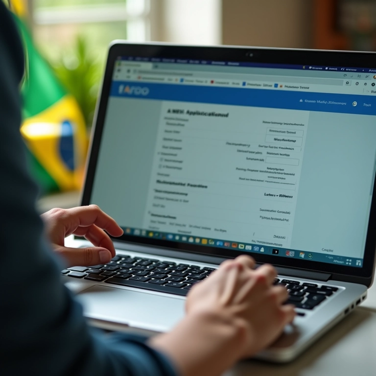 Inscrição no MEI sendo realizada online em um laptop, com a bandeira do Brasil ao fundo.