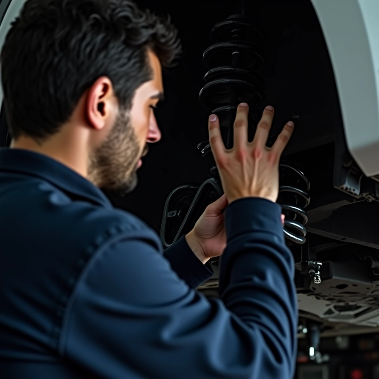 Inspeção da suspensão durante a revisão do veículo.