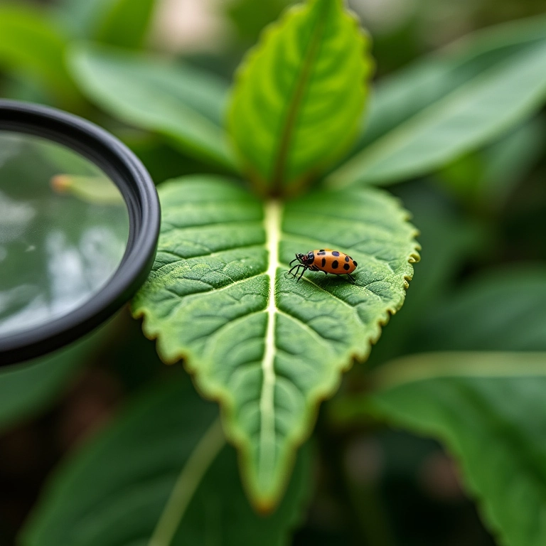 Inspeção de folha de hibisco em busca de pragas.