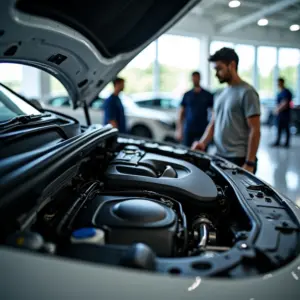 Inspeção detalhada do motor de um carro novo durante a primeira revisão em concessionária.