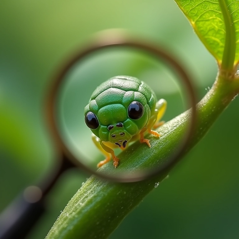 Inspecionando a trepadeira sete léguas em busca de pulgões com lupa.